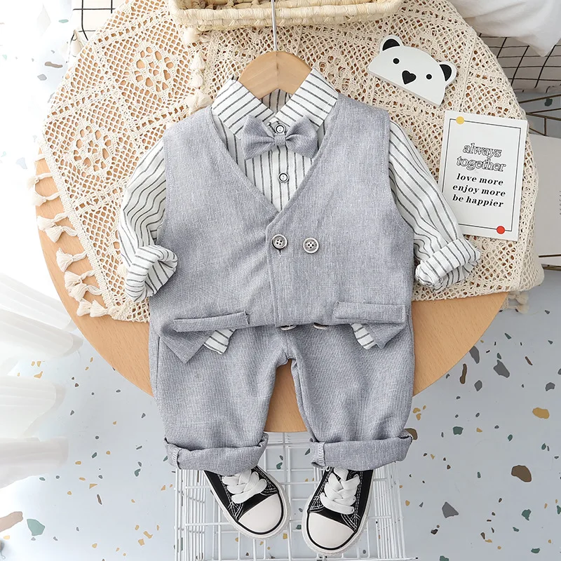 Spring Autumn Boys\' Casual Clothing Children\'s Suits Striped Shirt + Vest + Pants 3-Piece Set Baby Boy Clothes