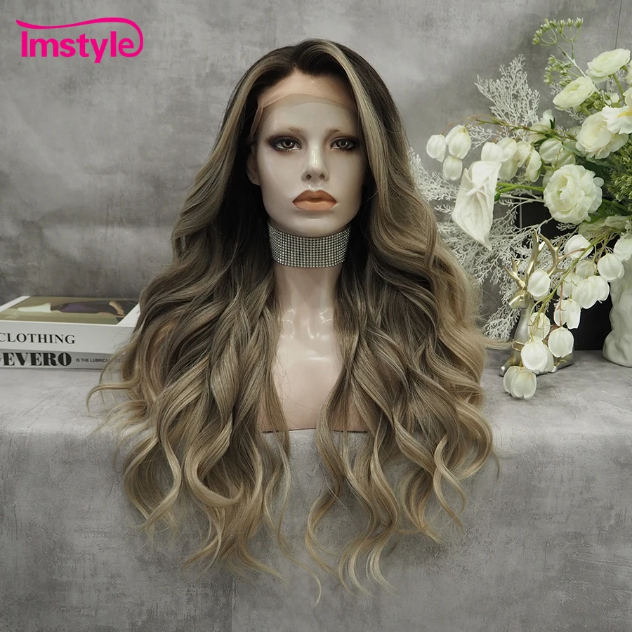 

Imstyle Ombre Brown Wig Synthetic Lace Front Wig Long Natural Wavy Black Root Daily Blonde Wigs For Women Heat Resistant Fiber