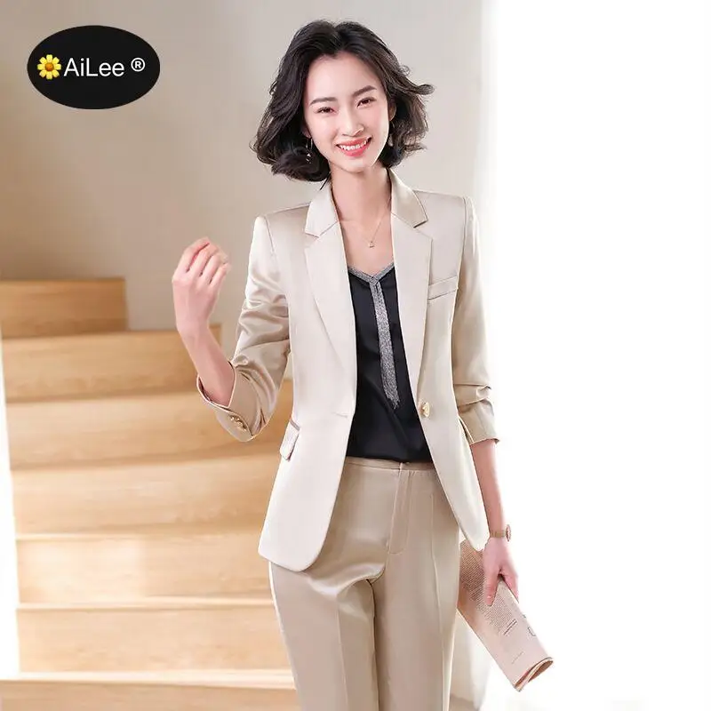 Blazer da donna in raso di seta Senior completo di pantaloni di lusso Set viola oversize Office Lady elegante cappotto Business giacche a bottone