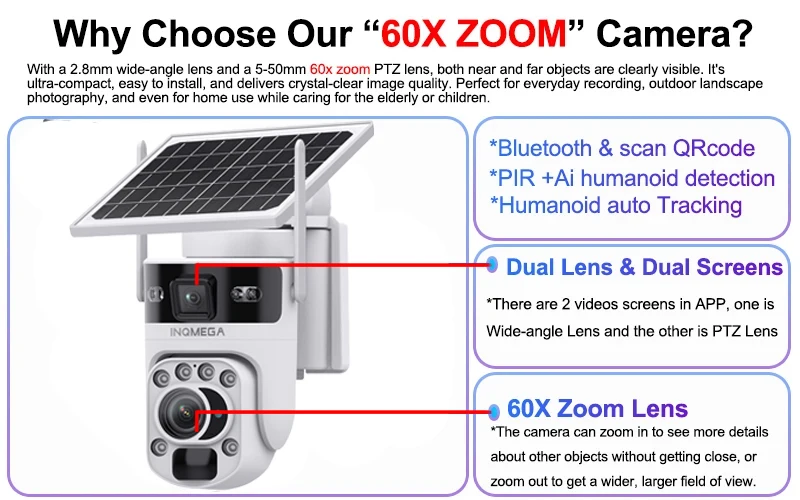 INQMEGA 12MP 60X Optics Zoom Dual Screen 4G /WIFI Solar Camera Securty Outdoor PIR Human Detection Color Night Vision UBOX APP