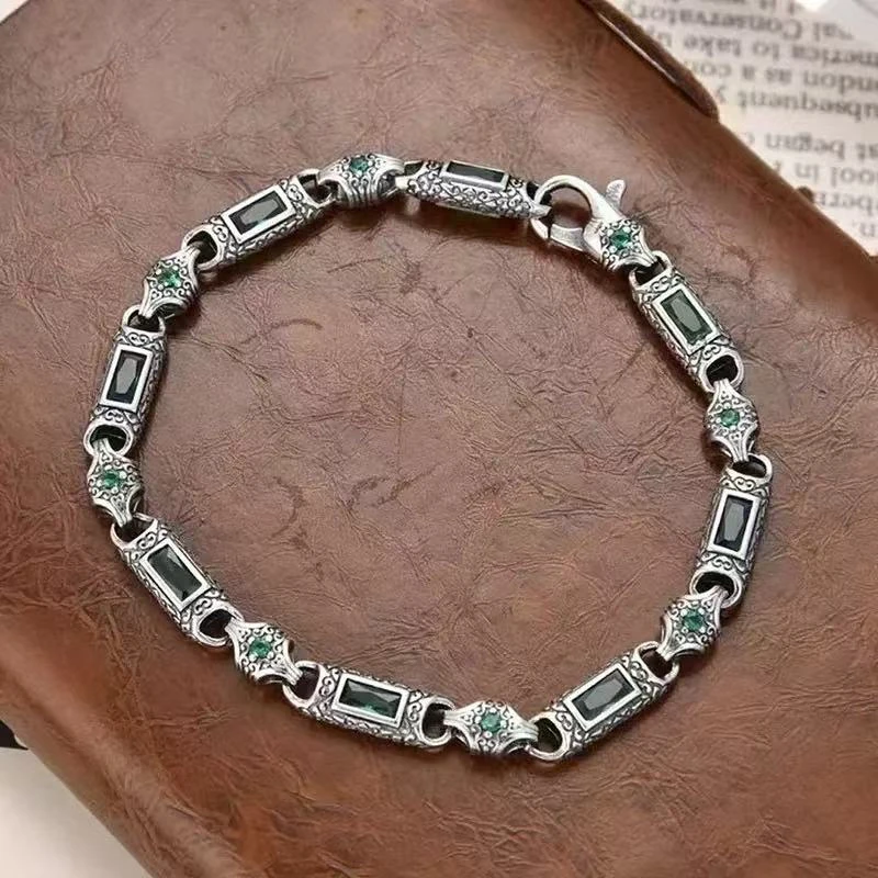 OUYADI Men Trendy Vintage Stainless Steel Bracelet, Antique Carved Link with Inlaid Stone Fashion Jewelry Gift Wholesale