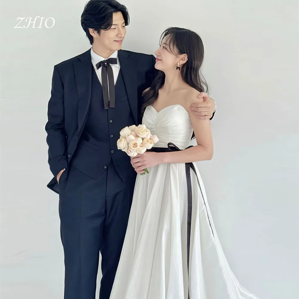 ZHIO Ivory Satin Contrast Black Wedding Dress Sweetheart A-Line Korea Photo Shoot Bridal Reception Gown Customized 웨딩드레스