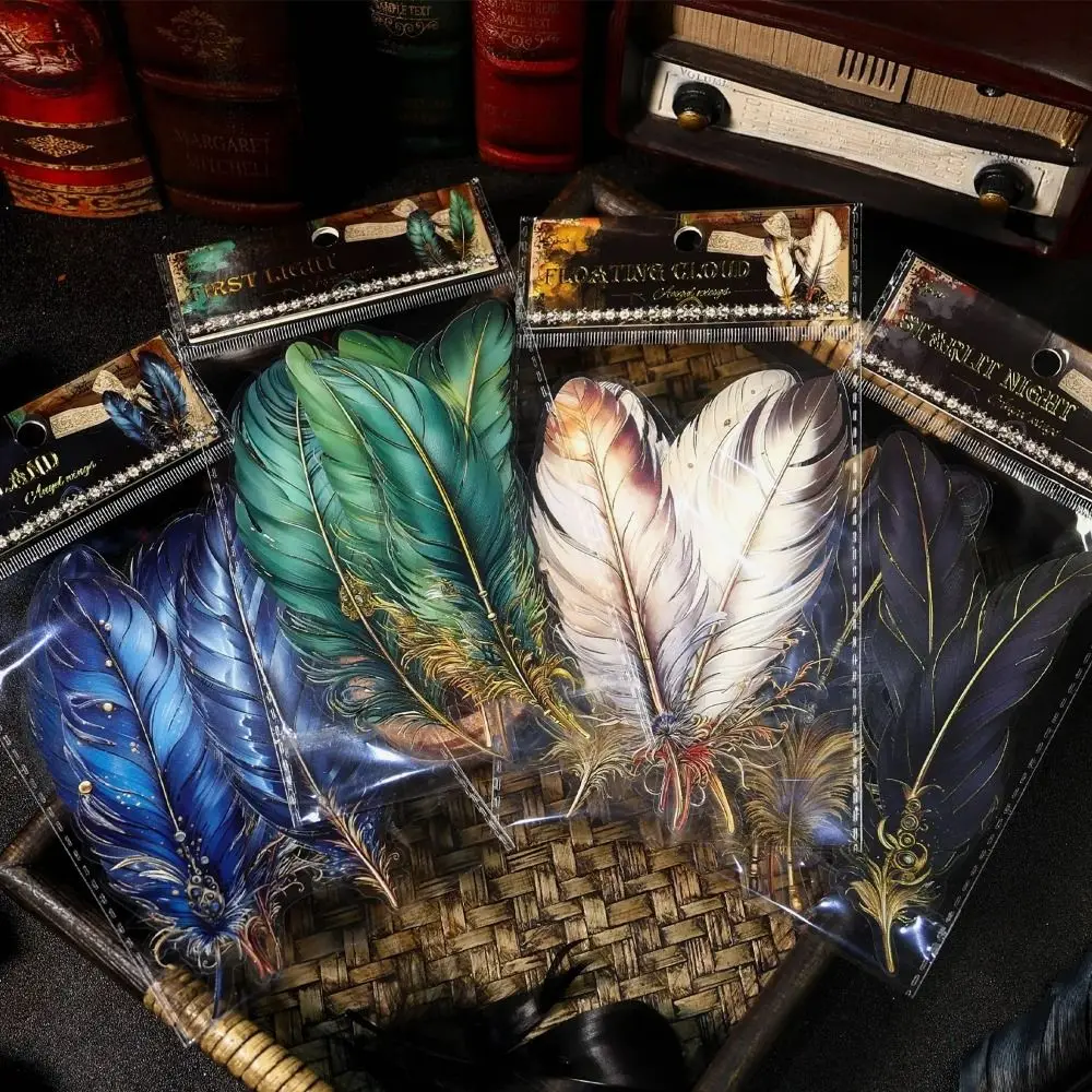 PET Feather Stamping Sticker Retro Waterproof Handbook Sticker Glass Sticker Gilded Feather DIY Decoration Sticker