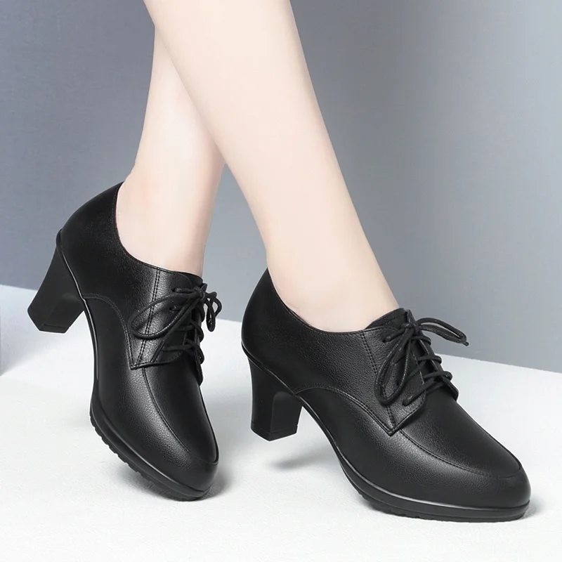 Women Work Shoes  Black Lace Up Middle Heel Leather Shoes Spring Autumn Soft Soles Breathable Comfortable Single Shoes