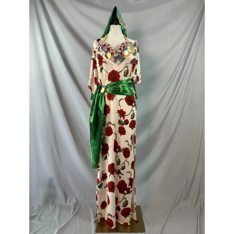 Abito da spettacolo personalizzato con vestaglia di danza del ventre Baladi Saidi Rose stampato costumi di danza orientale abito lungo
