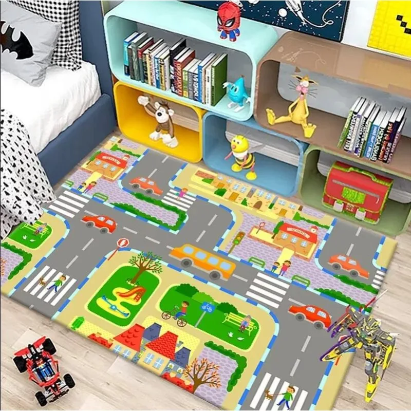Traffic Theme Road Map Kids Play Floor Mat Soft Non-Slip Children Room Rug Car Buses Park Building Traffic Educational Carpet