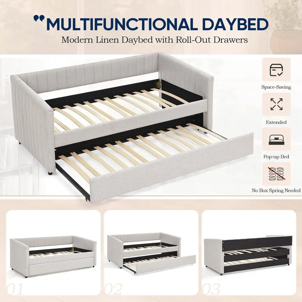 Linen Full Size Daybed with Pull-Out Trundle, Striped Upholstered Sofa Bed, Suitable for Bedroom or Living Room, No Box Spring N - view 5