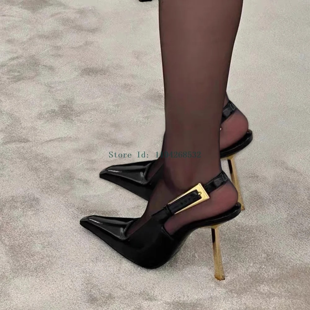 Metallic Heel Patent Leather Pump Pointed Toe Stiletto Metallic Buckle Decor Slip On 2025 New Arrivals Sexy Fashion Lady Heels