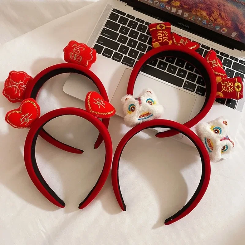 Chinese New Year Red Velvet Hairband Women Headwear Cute Plush Cartoon Dragon Cat Chinese Character Headband Hair Ornament