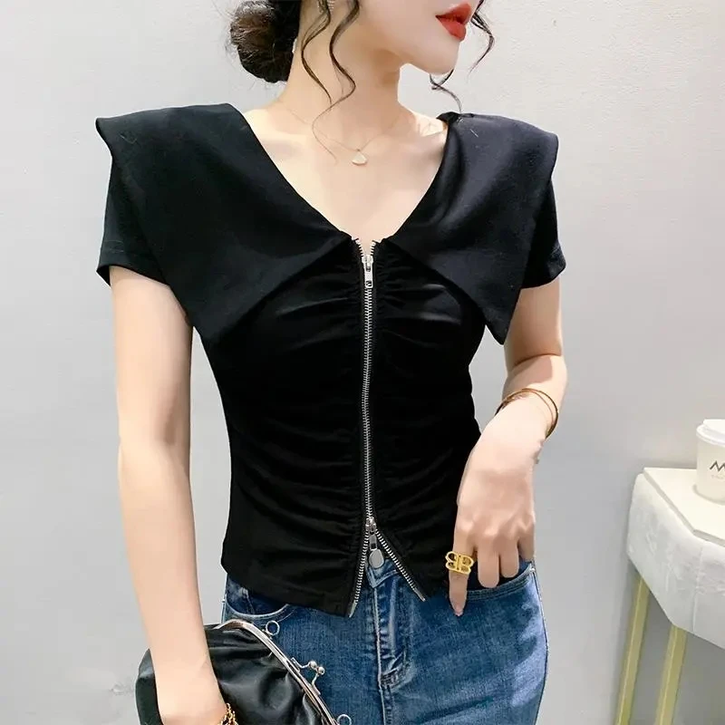 Fashion Zipper T-Shirt Women's Short Sleeve Summer Style Design Navy Collar Versatile Half Sleeve T-Shirt Solid Color Shirt Shir