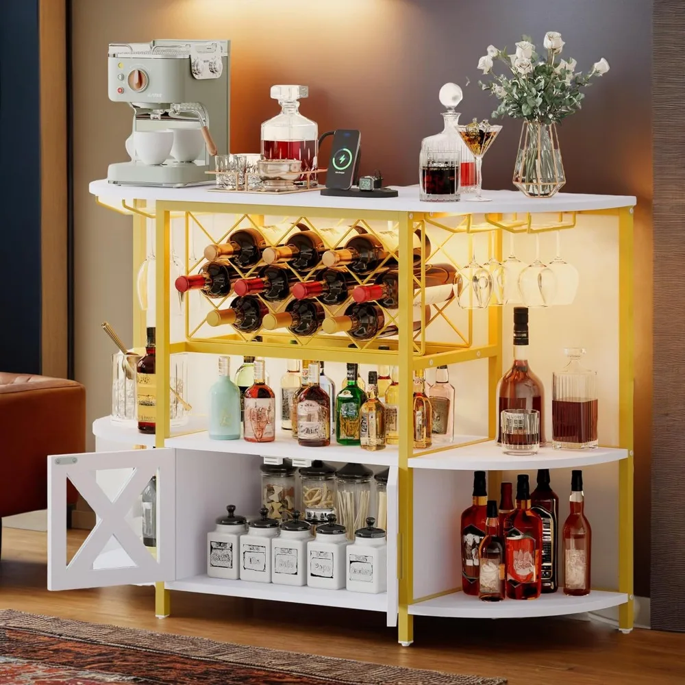 

Bar Cabinet with LED Lights, Home Bar with Power Outlets, Wine Cabinet Bar Table with 4 Tier Storage Shelves, 2 Doors