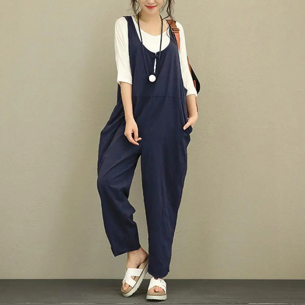 Summer Jumpsuit Stylish Summer Women's Jumpsuit with U Neck Wide Leg Sleeveless Design Solid Color Side Pockets Pullover for A