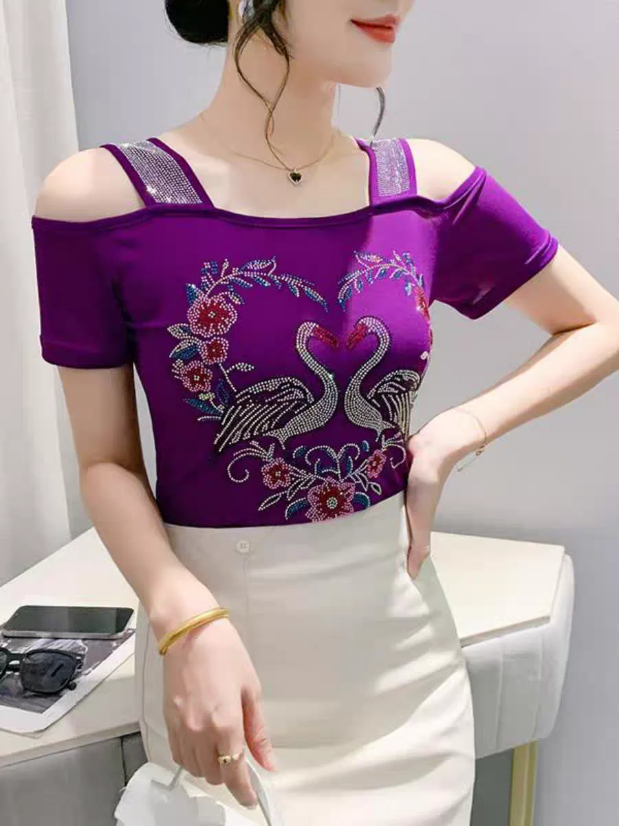 Real Photos Summer Fashion Mesh T Shirt Women Diamonds Flowers And Plants Short Sleeve High Stretch Slim T-shirts Female Tops