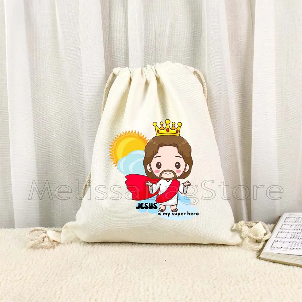 

Cute Cartoon Jesus Loves You with Christian Quotes Canvas Drawstring Bags Soccer Backpack Gym Yoga Sackpack Gifts String Bag