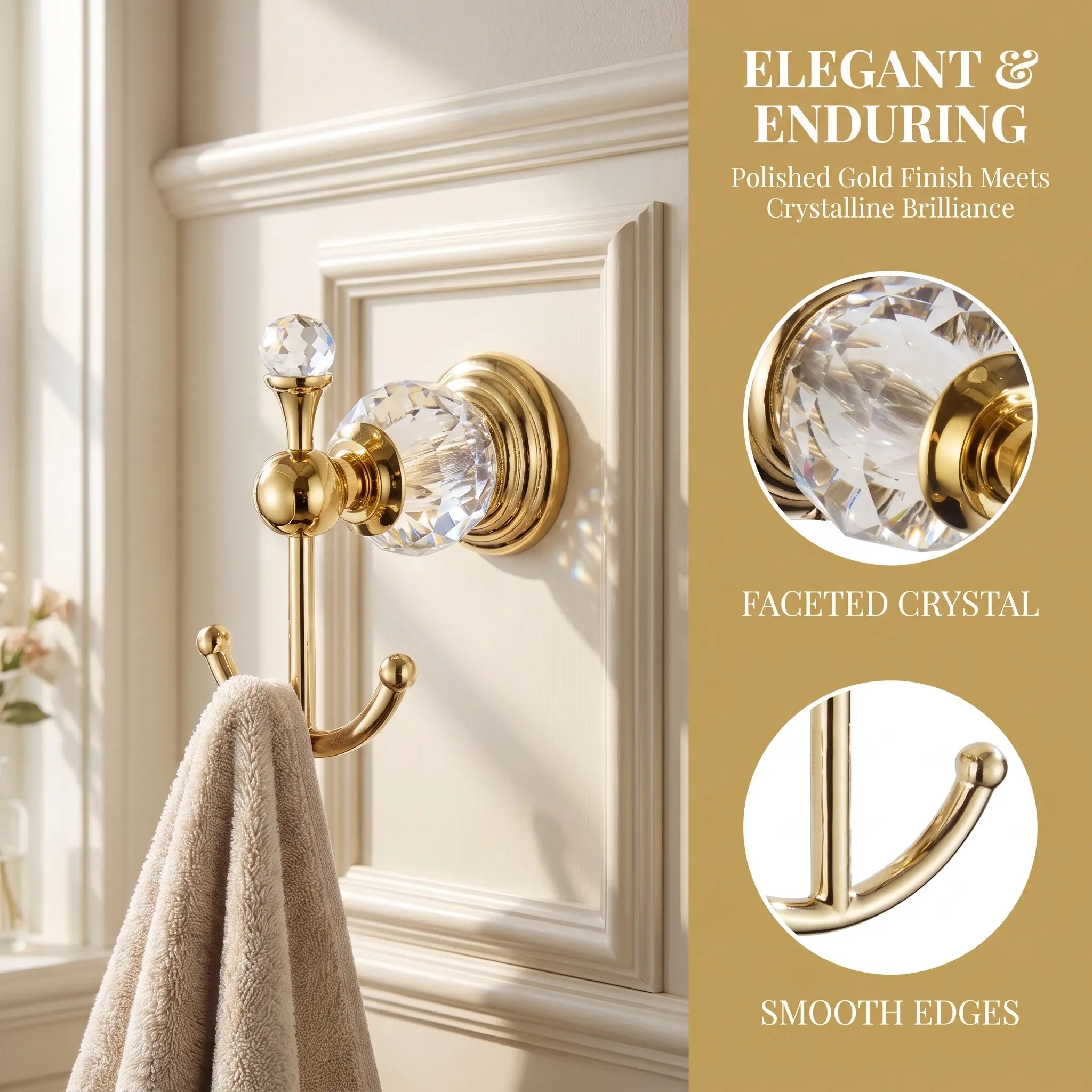 Golden Stainless Steel Wall Mount Hook Crystal Decoration Heavy Duty Towel Holder Bathroom Wall Hanging Clothes Robe Towel Hooks