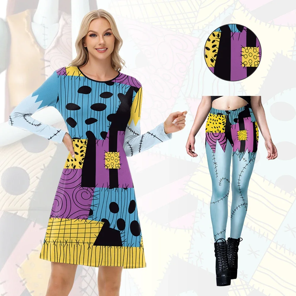 

Halloween Women Disguise Clothing Long Sleeve Dresses Leggings Matching Outfit Carnival Party Sally Cosplay Costumes