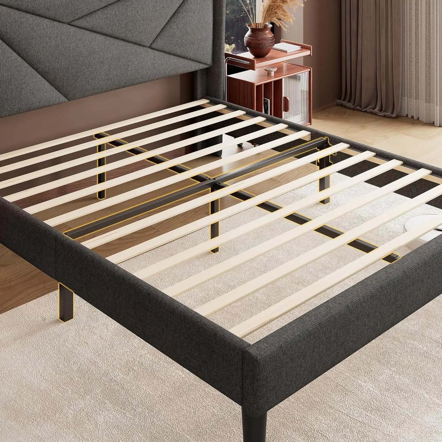 Queen Bed Frame with Charging Station, Platform Upholstered Bed, Linen Geometric Storage Headboard, Solid Wood Slats Support