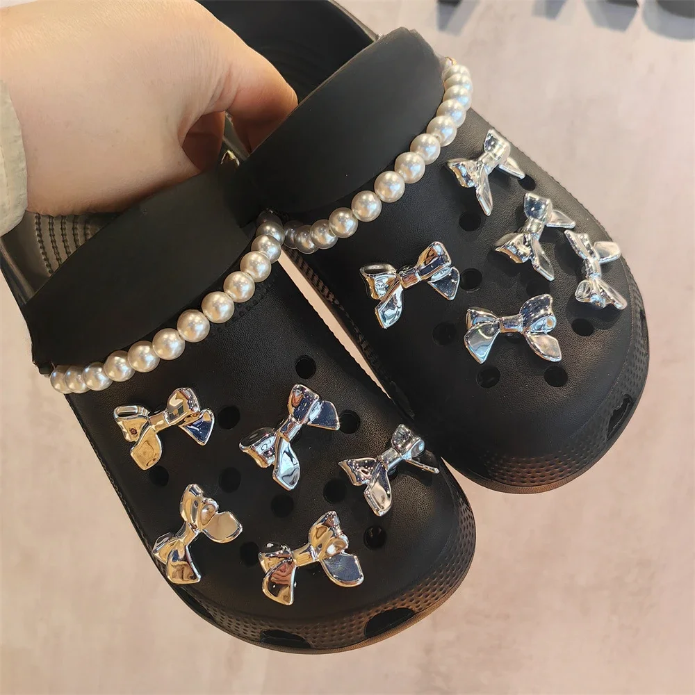 DIY Stylish Silver Bow Shoe Charms for Clogs Slides Sandals Garden Shoes Decorations Charm Set Accessories Kids Gifts