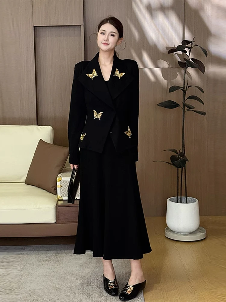 

Elegant Embroidery Black Professional Skirt Suit Set Women's Autumn Winter Coat Half-length Skirt Set Luxury Fashion