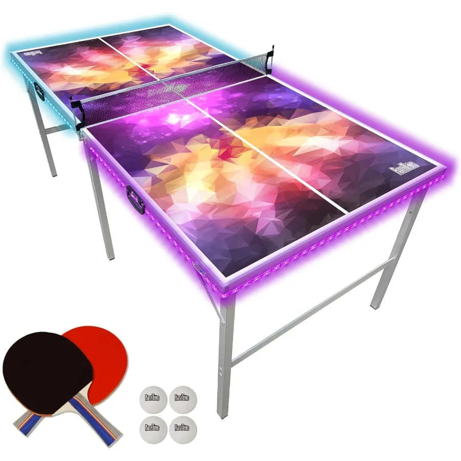 

Портативный складной настольный теннисный стол среднего размера 6 футов x 3 фута для пинг-понга в помещении и на открытом воздухе с дополнительной светодиодной подсветкой, черный и белый свет