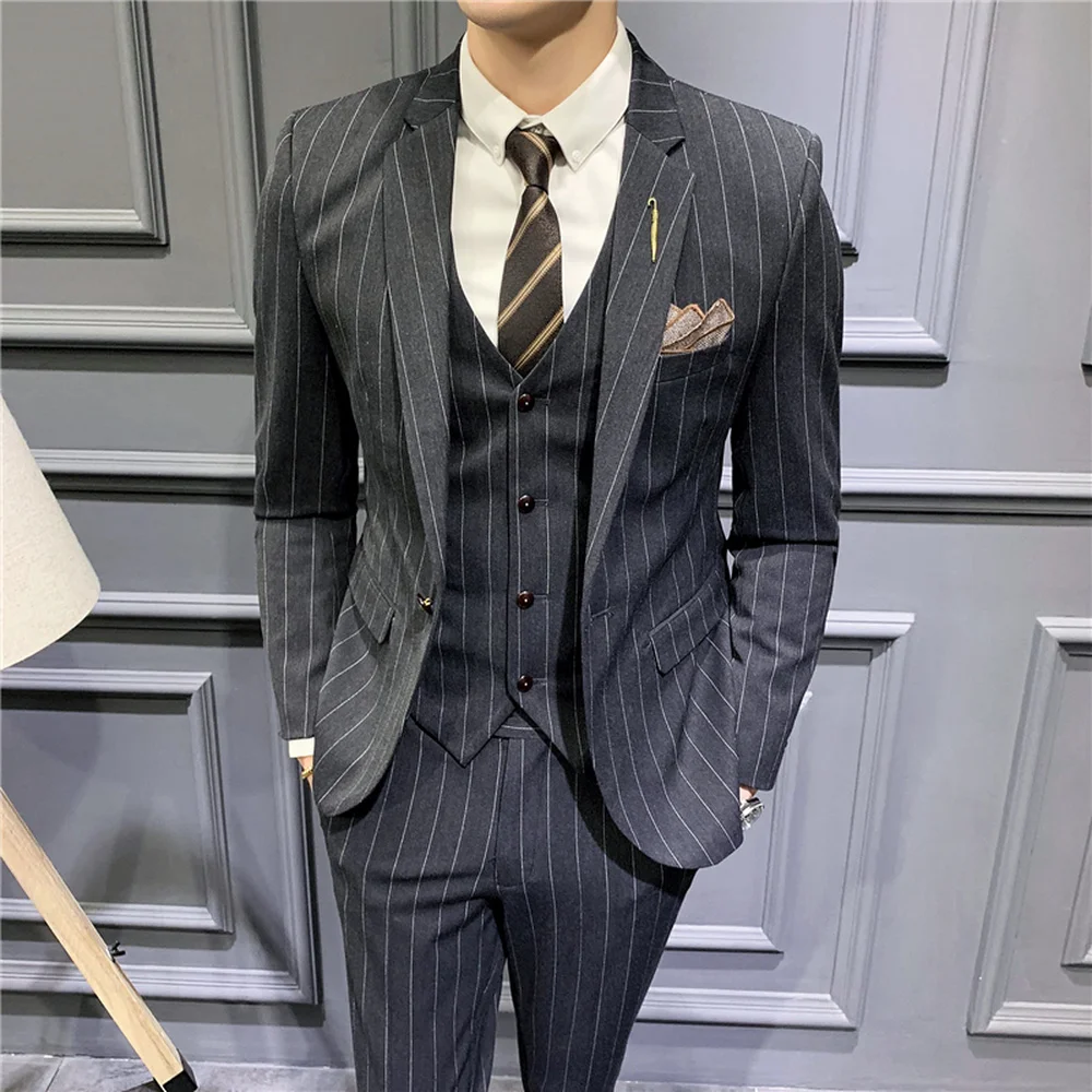 2023 Men\'s Fashion Boutique Striped Wedding Dress Suit Three Piece Set Male Formal Business Casual Blazers Jacket Vest Pants