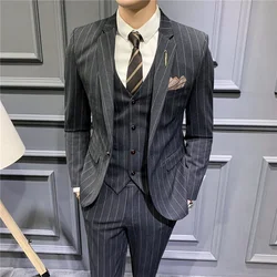 2023 Men's Fashion Boutique Striped Wedding Dress Suit Three Piece Set Male Formal Business Casual Blazers Jacket Vest Pants