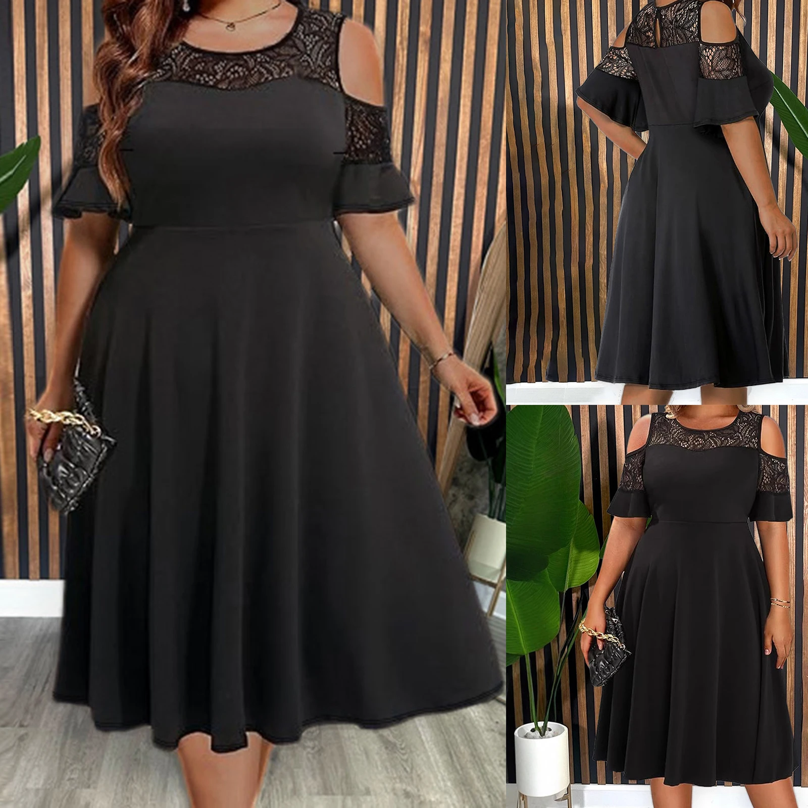 

Women Plus Size Black Lace Cocktail Dress Graduation Cold Shoulder Lace Midi Dresses with Pockets A-Line Party Dress for Wedding