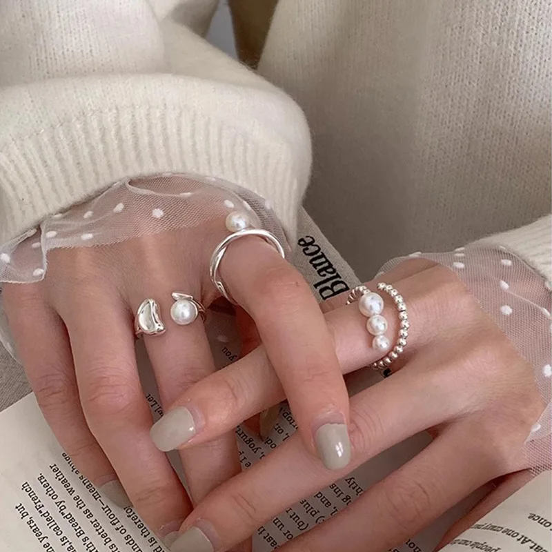 PANJBJ 925 Sterling Silber Perle Unregelmäßigen Ring für Frauen Shell Überlappende Hohl Süße Design Schmuck Geschenk Dropshipping – Detail 10