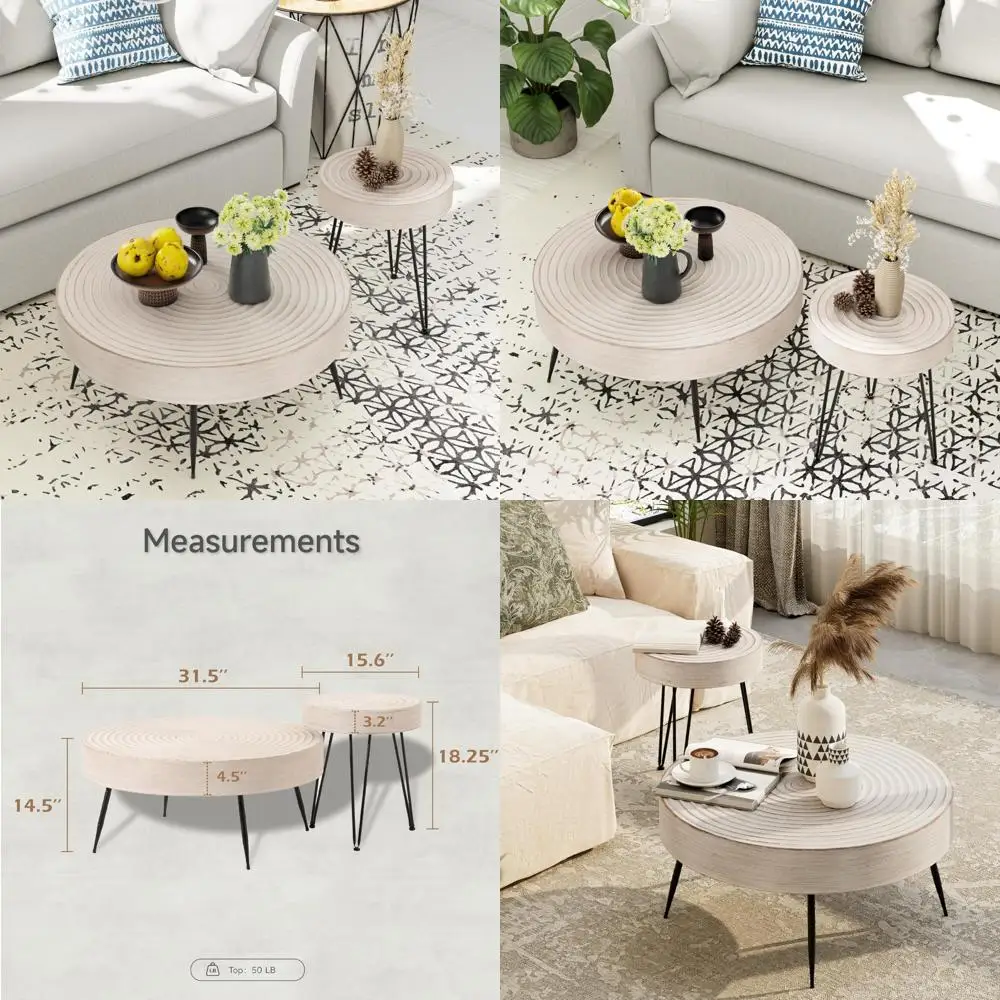 

Modern Farmhouse Style 2-Piece Coffee Table Set, Round Natural Wood with Handcrafted White Ring Design