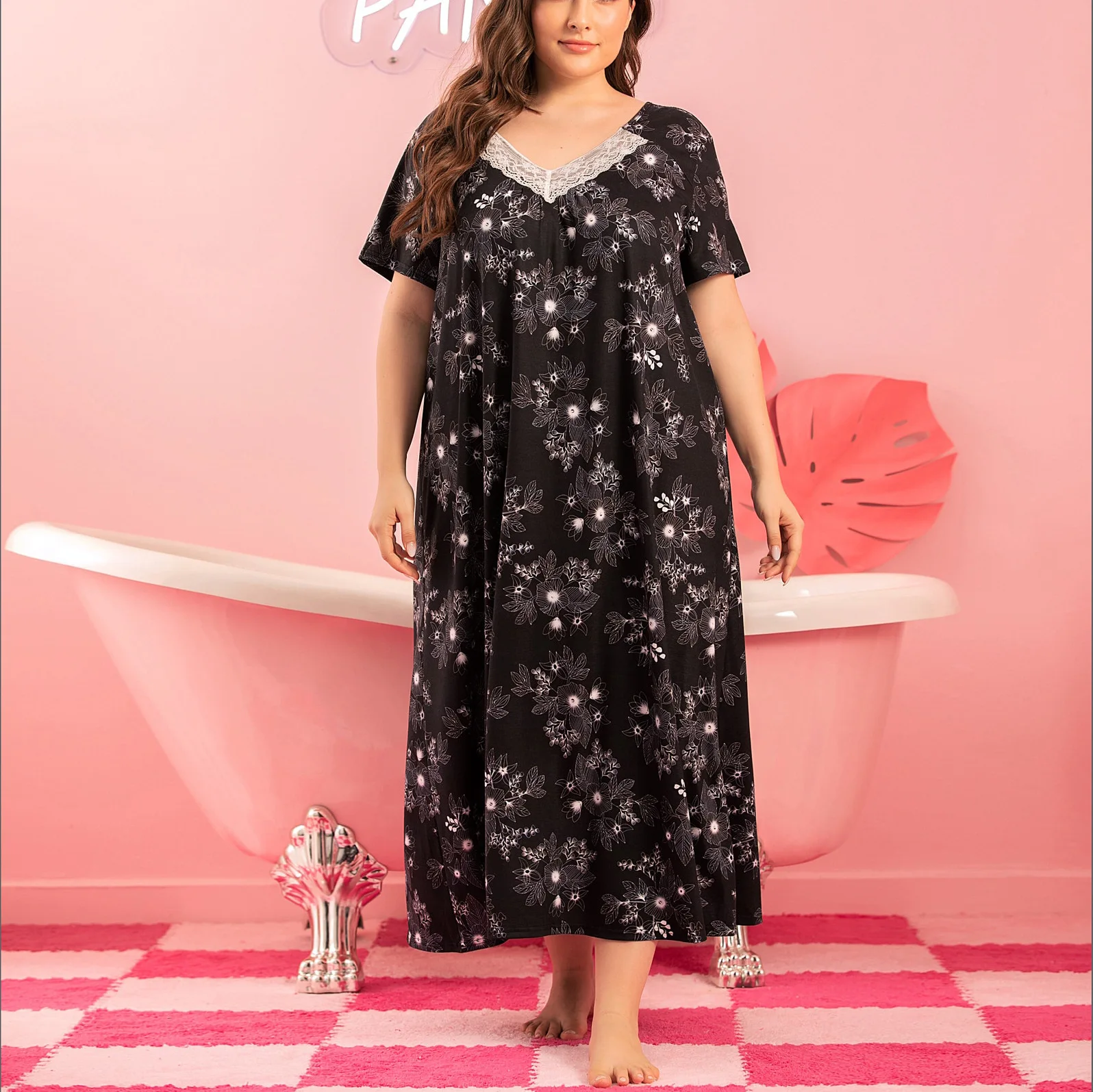 Summer Plus Size Women Dresses Casual Printed Short-sleeved Long Dress Fashion Loose V-neck Lace Collar Short Sleeve Loungewear