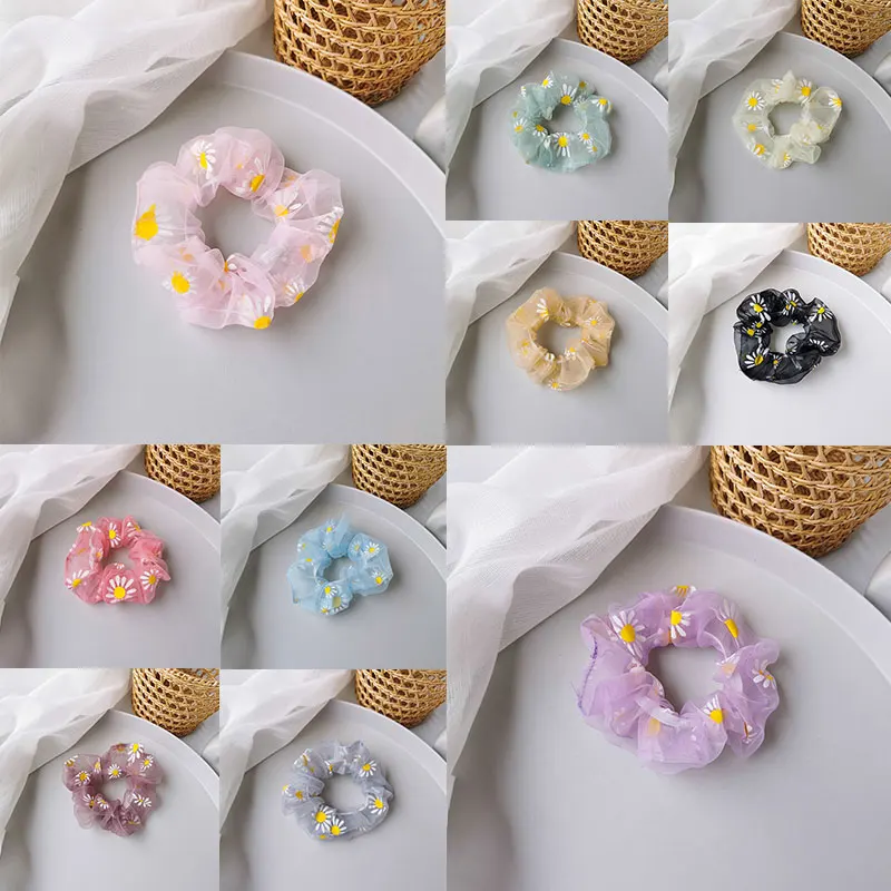 Small Daisy Print Hair Ring Soft Organza Scrunchie Net Yarn Elastic Hair Accessories Women Girls Rubber Bands Simple Headwear