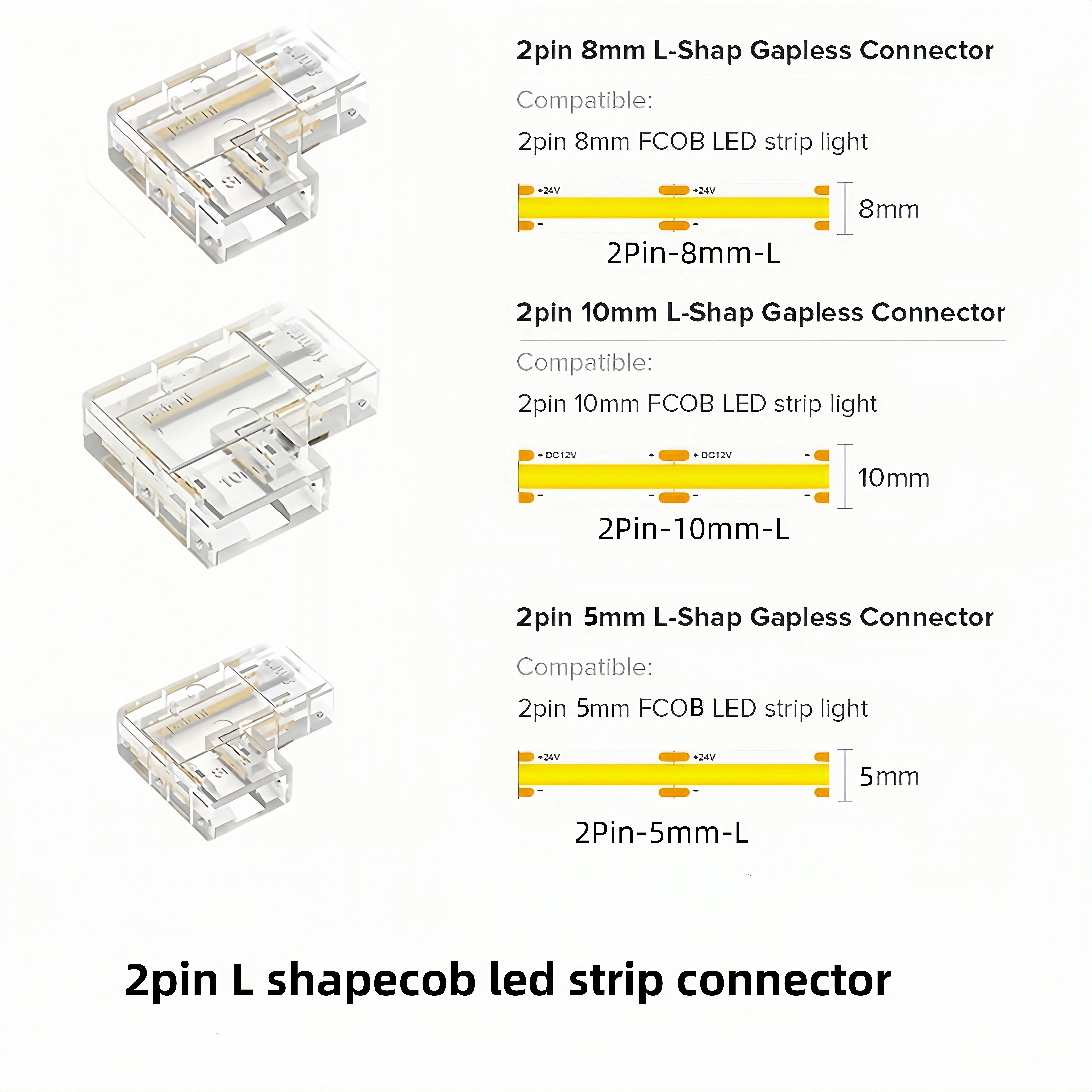  5/10Pcs 2Pin L-Shaped Right Angle COB LED Connector Solderless Corner Adapter for 5mm 8mm 10mm 2Pin COB LED Strip Tape Light