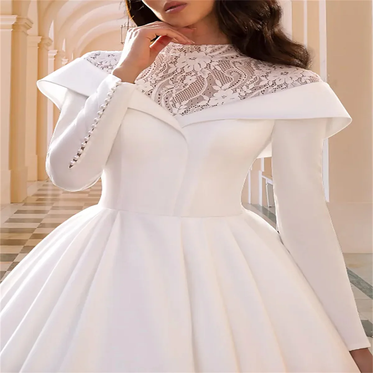 A-Line Wedding Dresses Formal Long Sleeve Jewel Neck Satin With Lace Pleats Extravagance Bridal Gowns Engagement 2024 Court New