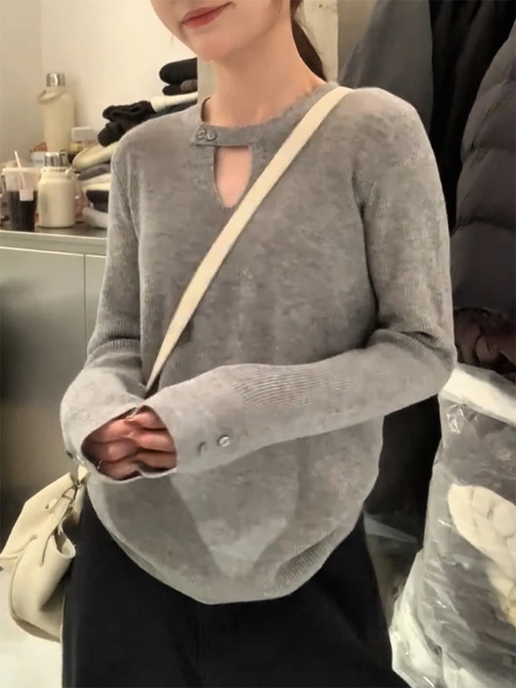 

Korean Design round Ne Knitted Sweater Hollow out Faionable Large Size Autumn Winter New Sle Women's Top Warmth Emittin...