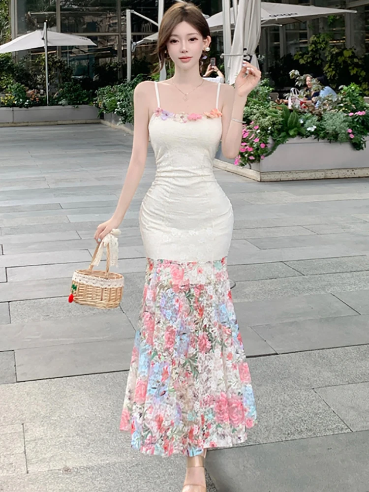 

2025 White Lace Jacquard Patchwork Floral Ruffled Long Dress Summer Elegant Sling Sexy Dress Women Korean Bodycon Luxury Dresses