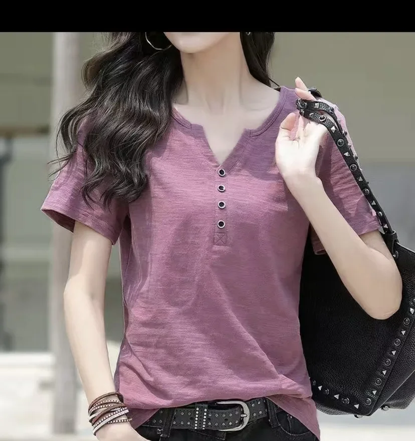 Women's V-neck T-shirt 2025 New Loose Large Size Women's Shirt Ins Top Short Sleeve T-Shirt Women's Blended Cotton