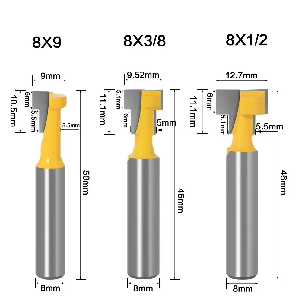 3PC/Set 8MM Shank Milling Cutter Wood Carving T-Slot Cutter Router Bit Set Key Hole Bits Hex Bolt T Slotting Milling Cutter Wood
