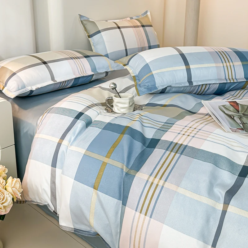 4PCS Blue Plaid Bedding Set Modern Geometric Grid Duvet Cover Set with Pillowcases Soft Breathable Bed Linen for All Seasons - view 5