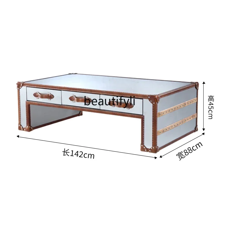 ss Css03 American medieval style coffee table retro old craftsmanship space aluminum leather rectangular tea table living room