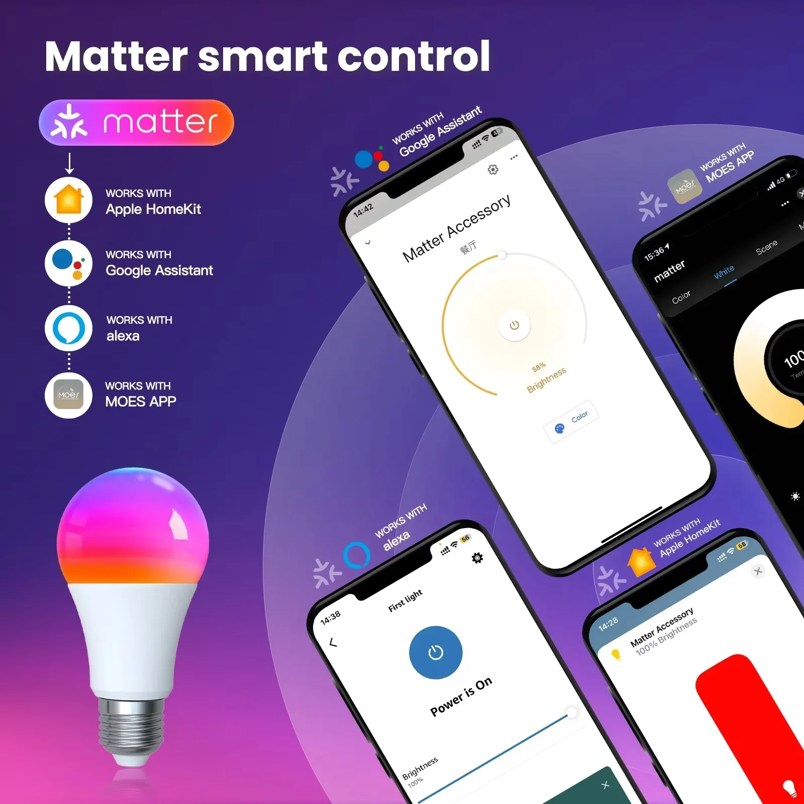 MOES Tuya Matter WiFi Smart 9w Bulb Dimmable Led Light 16 Million RGB Colors E27 Candle Lamp Voice Control Alexa Google Home