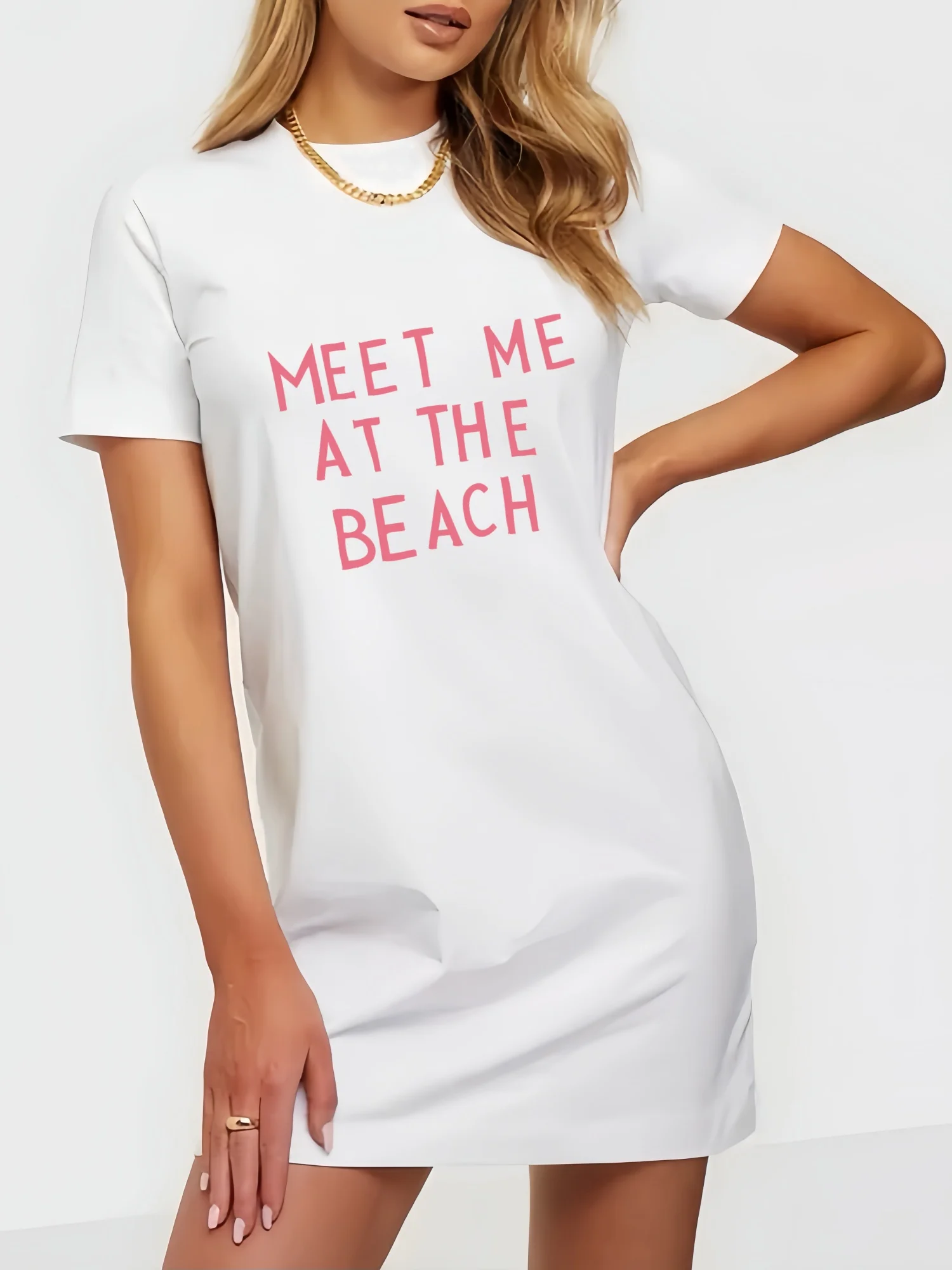 Meet Me At The Beach Simply Letter Print Short Sleeved T Shirt Dress Short Summer Woman Dress