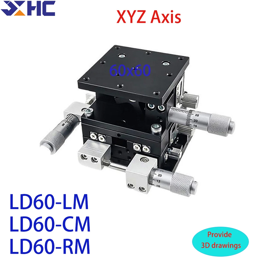 XYZ Axis 60mm LD60-LM LD60-CM LD60-RM Manual Displacement Platform Trimming Slide Table Cross Guide Linear Stage Sliding Table