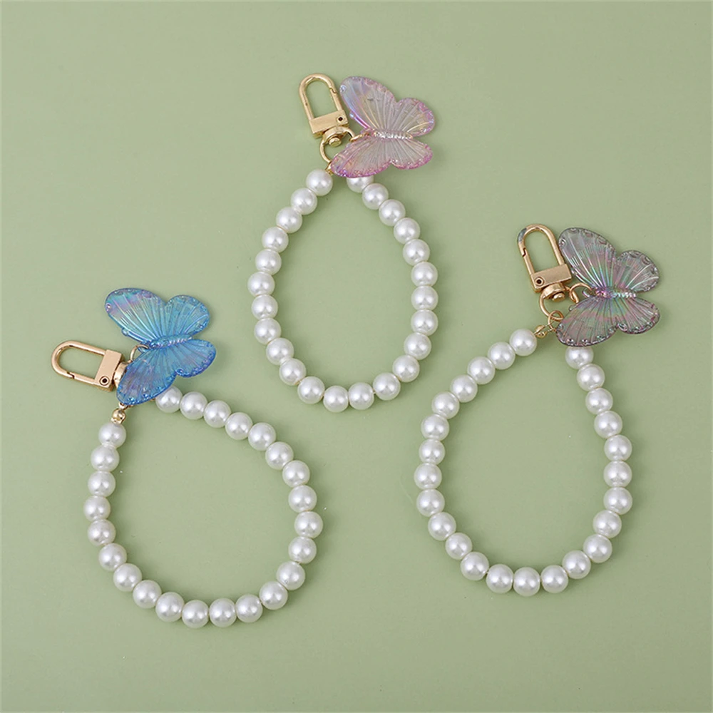 Pearl Beaded Chains Butterfly Pendant Keychain Cute Sweet Keyring For Women Girl Handmade Jewelry Handbag Decoration Accessories