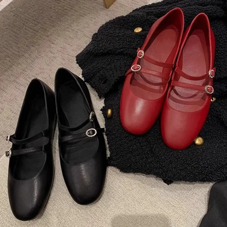 

French Style Double Buckle with Round Toe, Small Low Heel, Mary Jane Shoes, Women's New Versatile Commuting Ballet Single Shoes