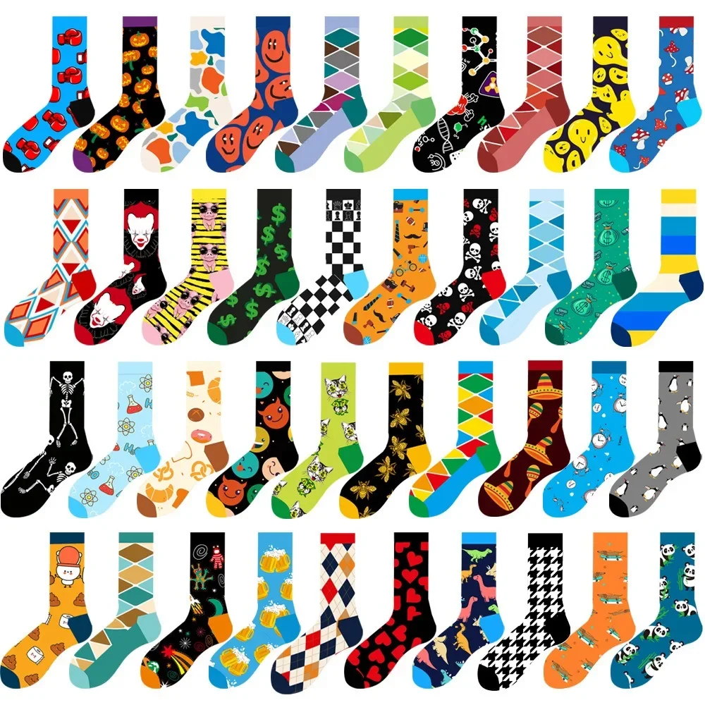 

Men's Happy Socks, Colorful Striped Women's Socks, High Quality Checkered Diamond Geometric Harajuku Combed Cotton Crew Gift