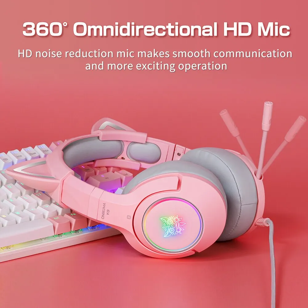 ONIKUMA-K9 Auscultadores com fio com luz RGB, microfone HD flexível, auscultadores para jogos, auriculares para computador, PC Gamer, PS4, XBox, 3,5mm