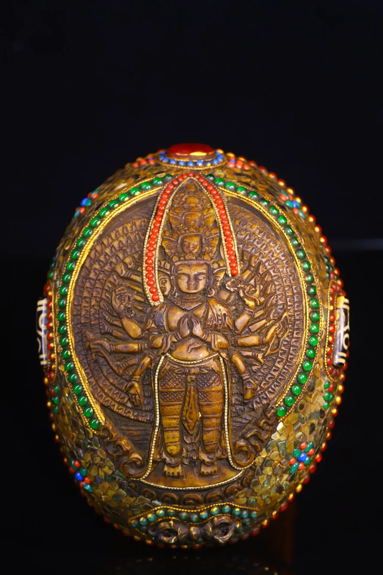 

7"Tibetan Temple Collection Old Gabala Bowl Painted Mosaic Gem 1000 arm Guanyin Buddha Gabala Bowl Amulet Worship Hall