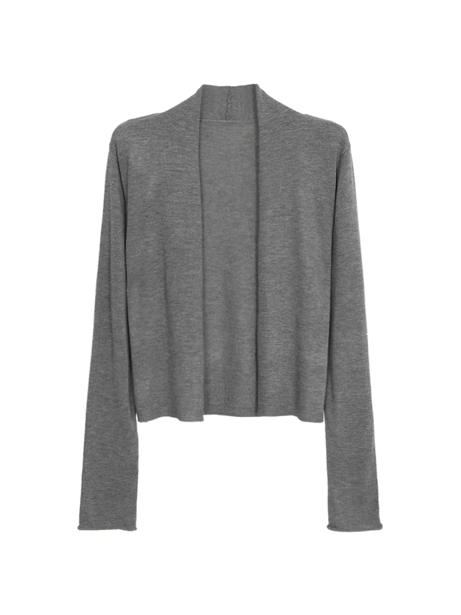 كارديجان نسائي أنيق محبوك مفتوح باللون الرمادي، موضة خريف 2025، بأكمام طويلة وقصة مستقيمة، مصنوع من البوليستر، مناسب للارتداء...