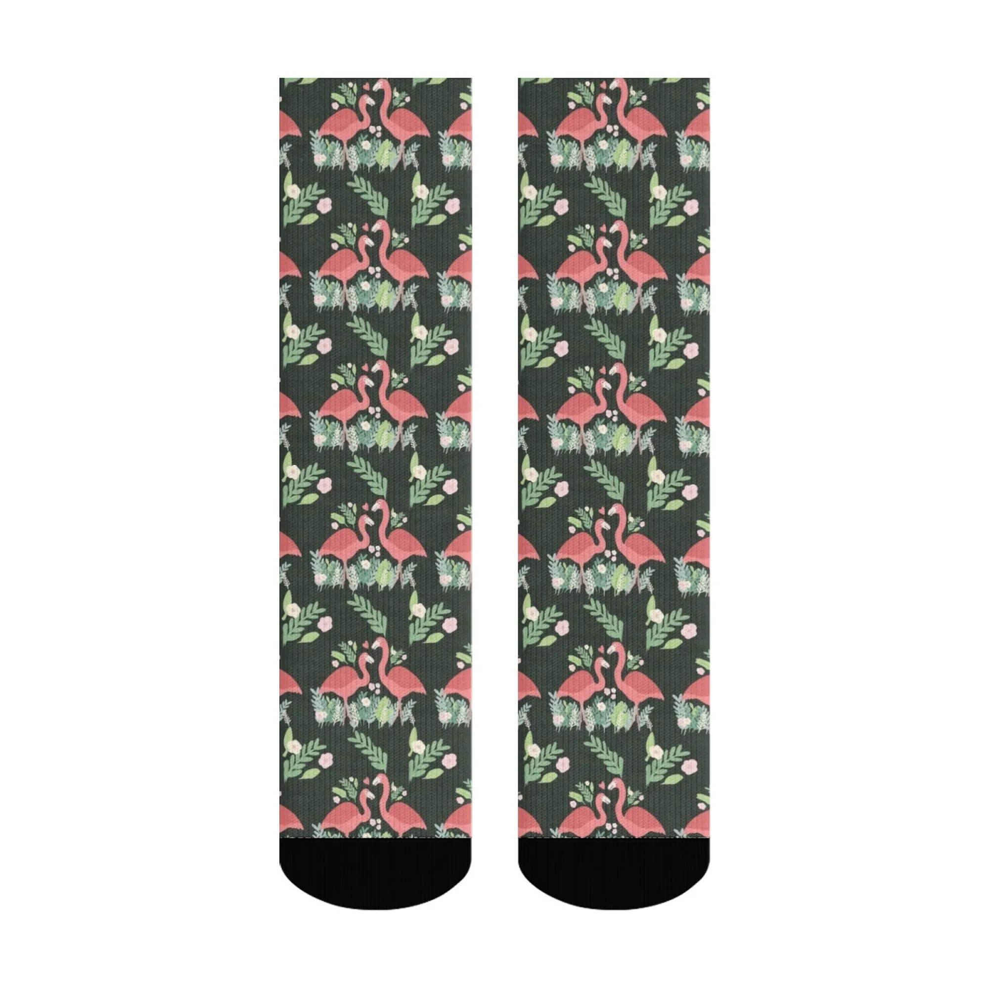 Artistic Jungle Crew Socks Stylish Flamingo & Botanical Motifs Bold Dark Green Pink Combinations Creative Tropical Flair