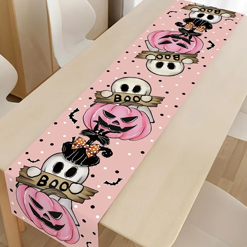 1pc, Pink Pumpkin Ghost Boo Table Runner For Halloween, Polyester Table Flag, Festive Halloween Decoration For